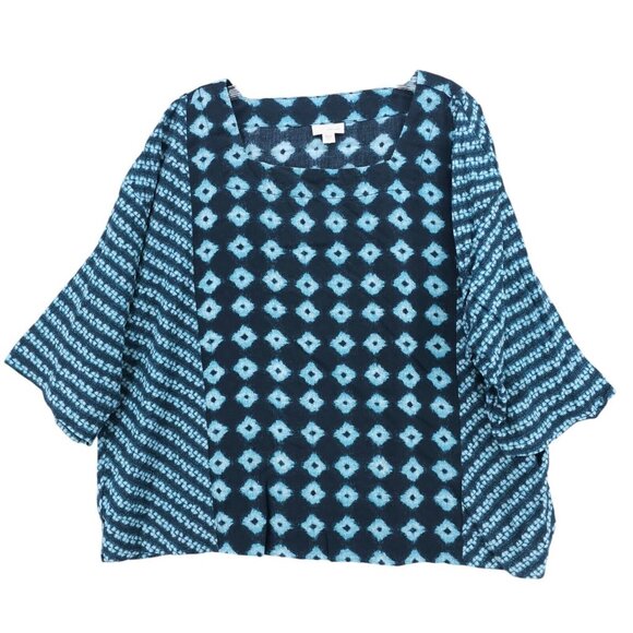 J. JILL Boxy Top Blue Geometric Print 3/4 Sleeve 100% Tencel Lyocell Size LARGE - Picture 1 of 7